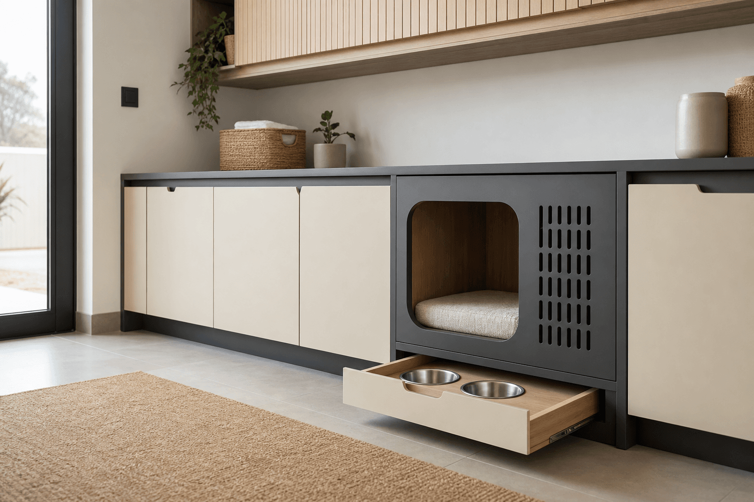 Charcoal and timber pet furniture integrated into a modern living space