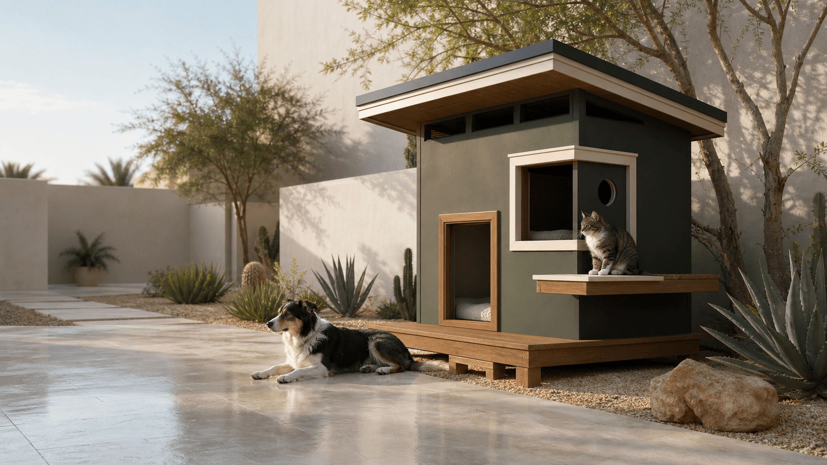 Forest green and cream architectural outdoor pet home